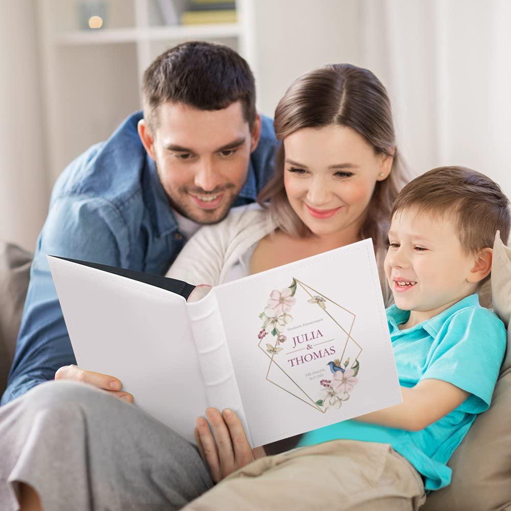 Maverton Fotoalbum zum Selbstgestalten mit Aufdruck - für 240 Fotos 10x15-60 schwarze Seiten - Größe 33x30cm - Weihnachtsgeschenke - Weiß - personalisierte Geschenke zum Hochzeitstag zur Hochzeit