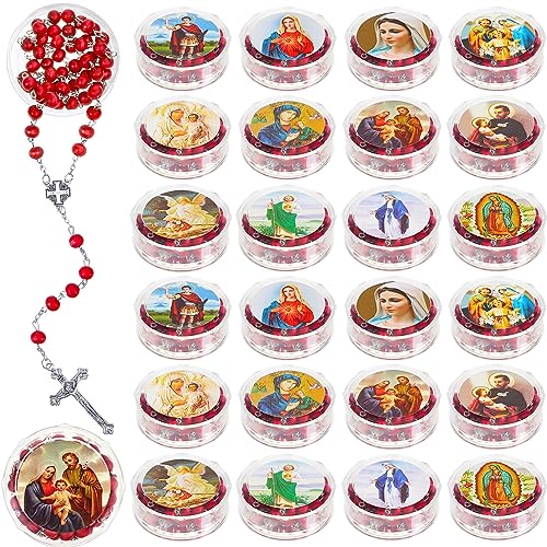 Rose Scented Catholic Rosaries Necklaces Wooden Beads Rosary Necklace Religious Red Rosary Jesus Cross Catholic Gifts Holy Rosaries in Bulk with Gift Boxes for Prayer Men Women (48 Pcs)