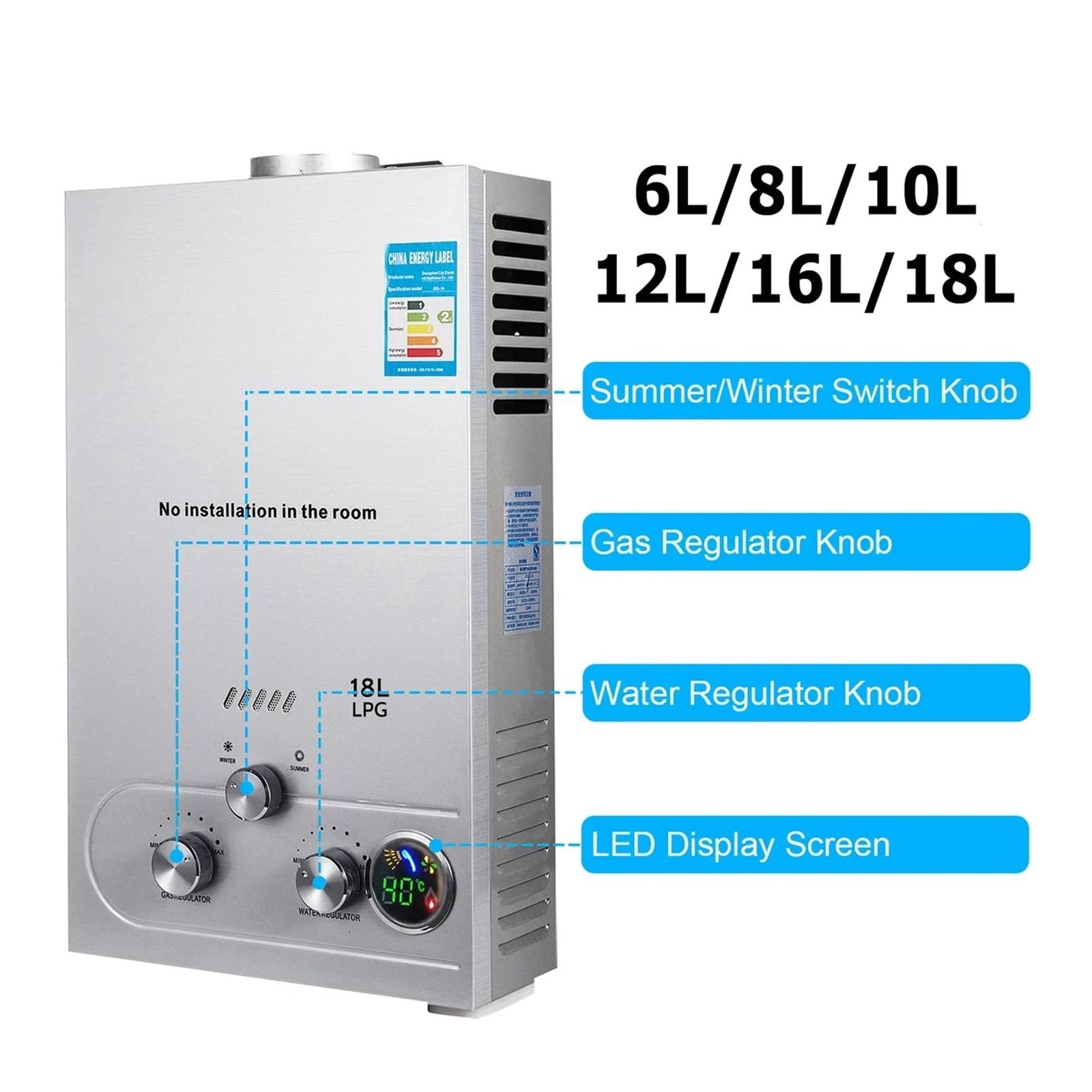 6L 8L 10L 12L 16L 18L LPG Przenośny Natychmiastowy Podgrzewacz Wody Gaz Propan LPG Montowany Na Ścianie Bezzbiornikowy Bojler Cyfrowy Wyświetlacz(8L)