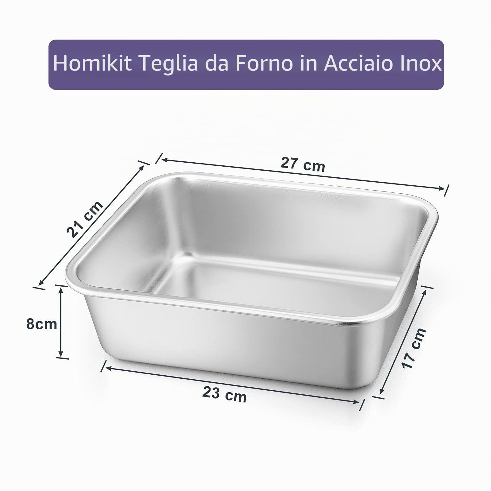 Homikit Set di 2 pirottini rettangolari in acciaio inox per dolci, 27 x 21 x 8 cm, ideali per lasagne, careni, brownie, resistenti e lavabili in lavastoviglie