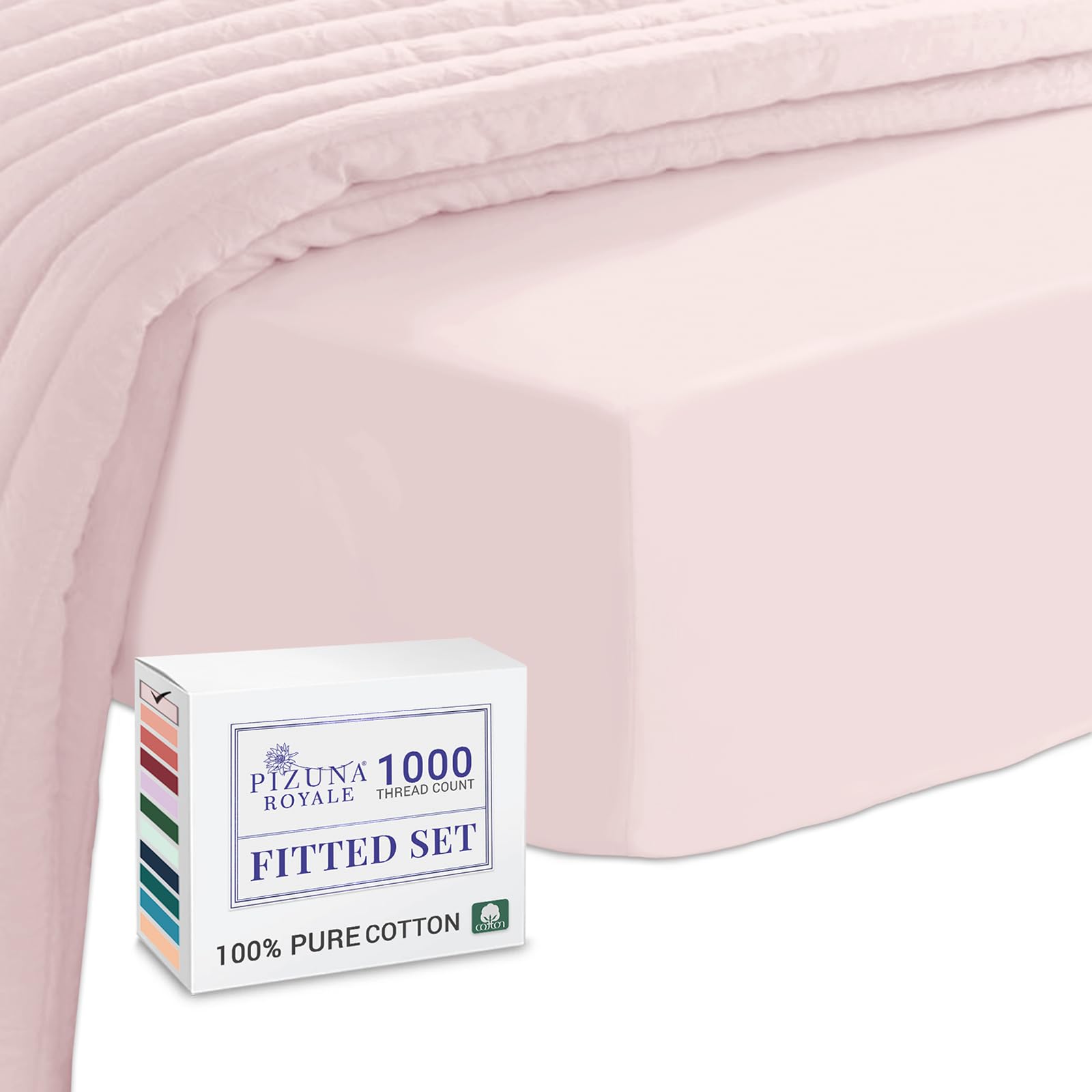 Pizuna Light Pink Luxurious Cotton Emperor Size Fitted Sheets 1000 Thread Count 100% Long Staple Cotton Emperor Fitted Sheets 200X200cm, Sateen Weave Thick Fitted Sheet Extra Deep 40 Cm Fit - 1 Pc