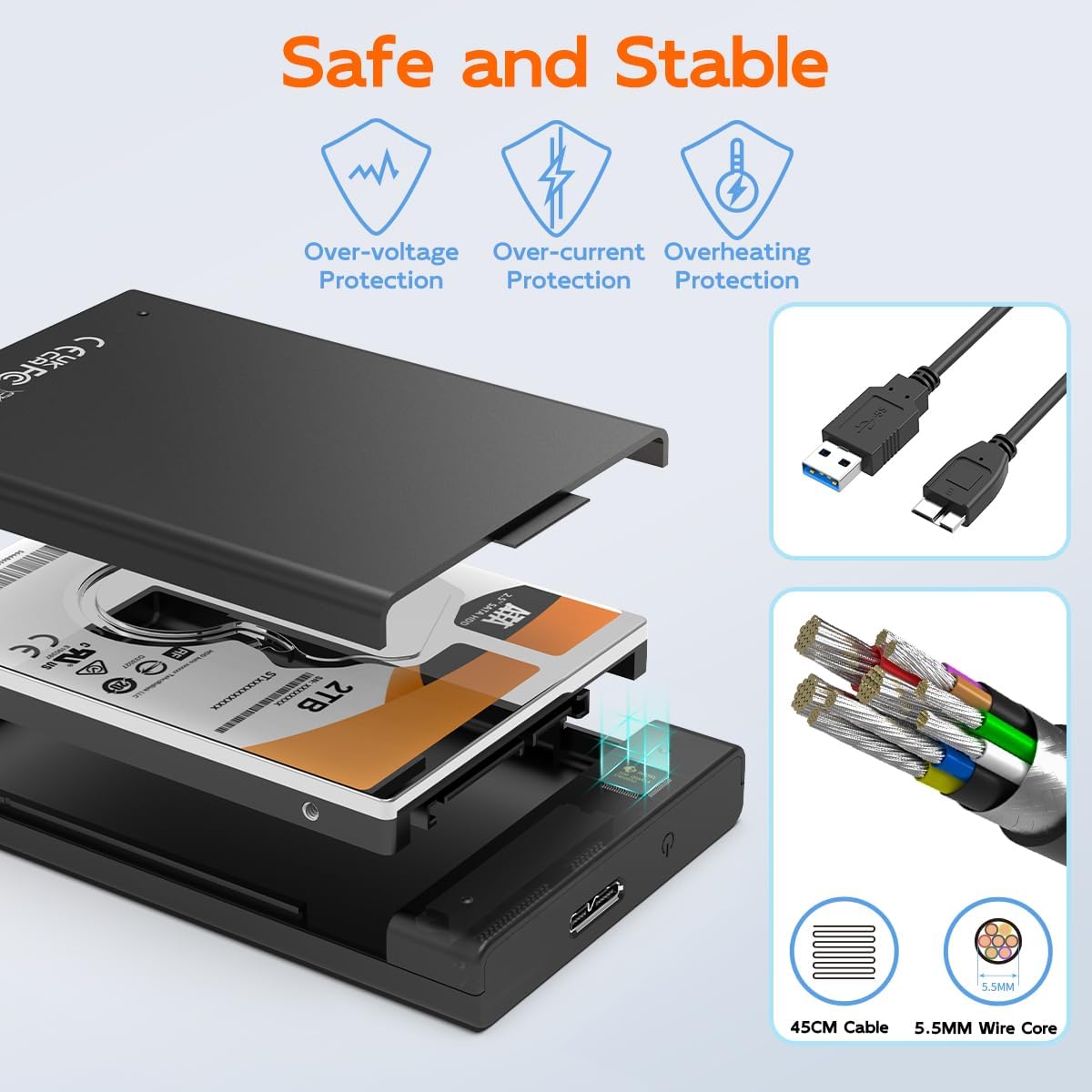 Diagram showing the internal structure of the MAIWO K2568 enclosure with a hard drive inserted, highlighting over-voltage, over-current, and overheating protection, and the 45cm USB cable with 5.5mm wire core.
