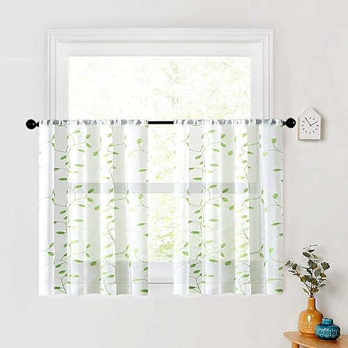 MRTREES Cortinas transparentes con bolsillo para barra, niveles cortos de gasa para cocina, paneles de cortina de baño bordados de hojas,