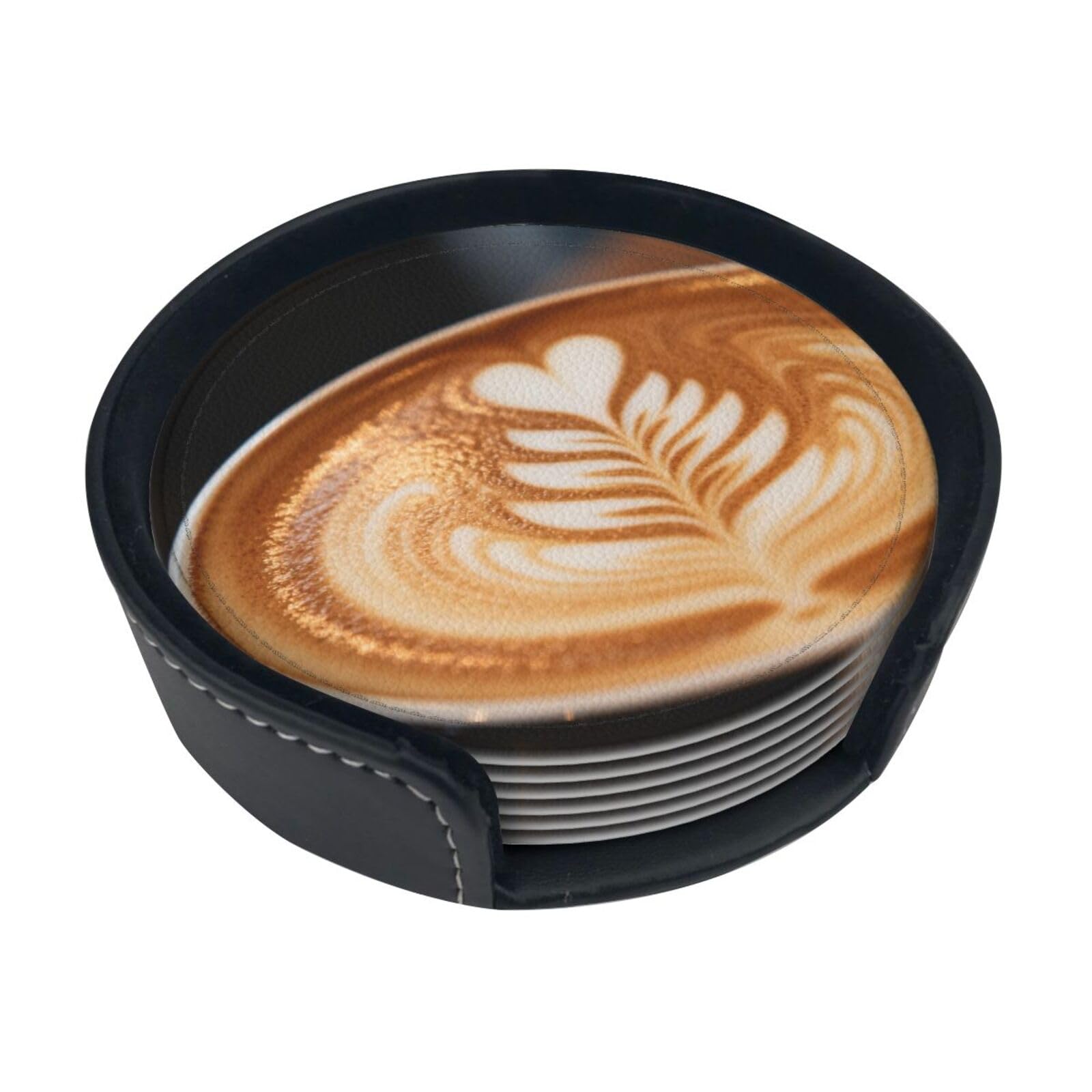 Cntdbu White Coffee Latte Art Leather Coasters Set Of 6-Pu Leather Drink Mats For Table, Heat Resistant Round Coasters With Holder