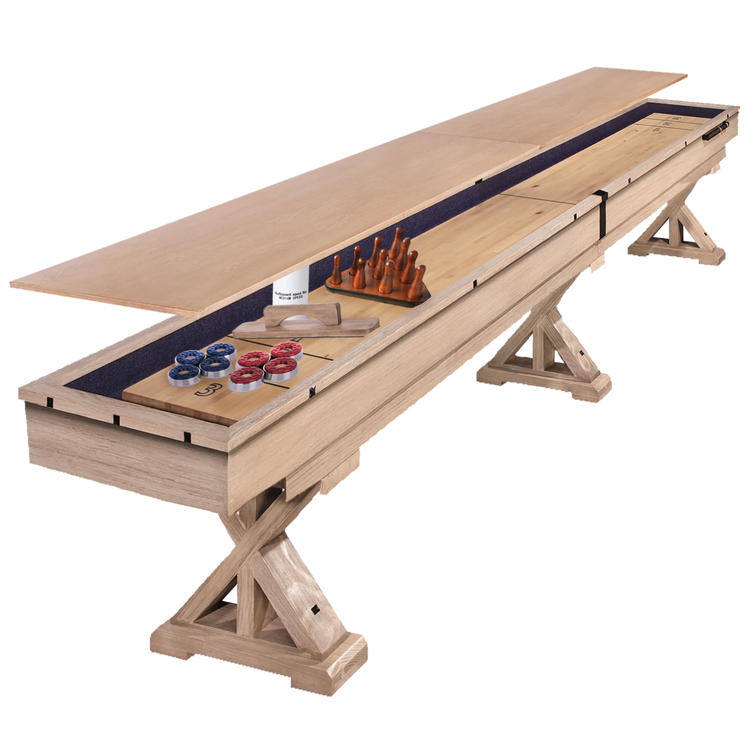 12 FT Shuffleboard Table Multi Game Solid Wood Game Tables for Game Room Includes Bonus Bowling Pin Set & More. Comes in 2 6' Pieces Goes Around Stairs & Hallways (Rustic Oak with Table Top)