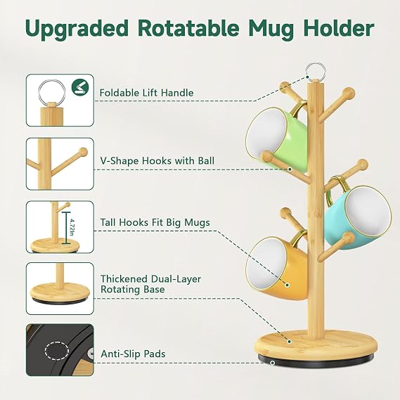 EsLuker.ly Mug Holder Tree Bamboo 360 Rotating Coffee Cup Display Rack