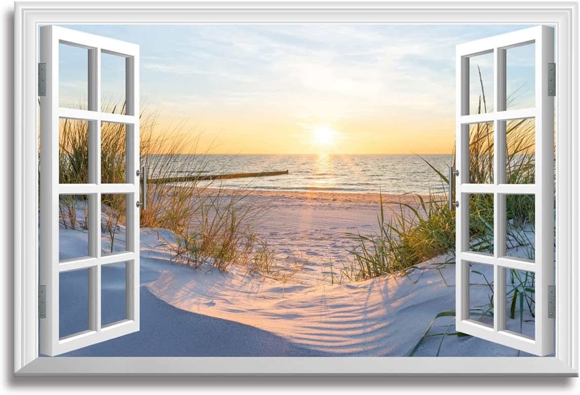 Woxfcart Fake Window Beach Wall Art Ocean Sunset Picture on Canvas Yellow Natural Landscape for Living Room Decor 36x24