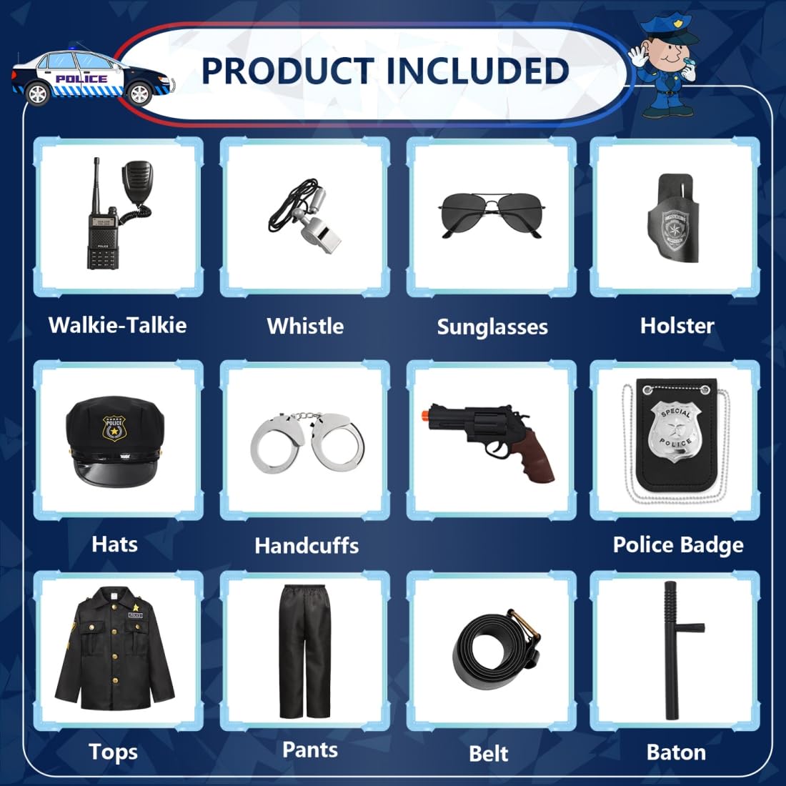 Costume da polizia, per bambini, costume da polizia, per cosplay, con accessori, costume di carnevale, uniforme con equipaggiamento di polizia, berretto, manette, occhiali da sole per carnevale,