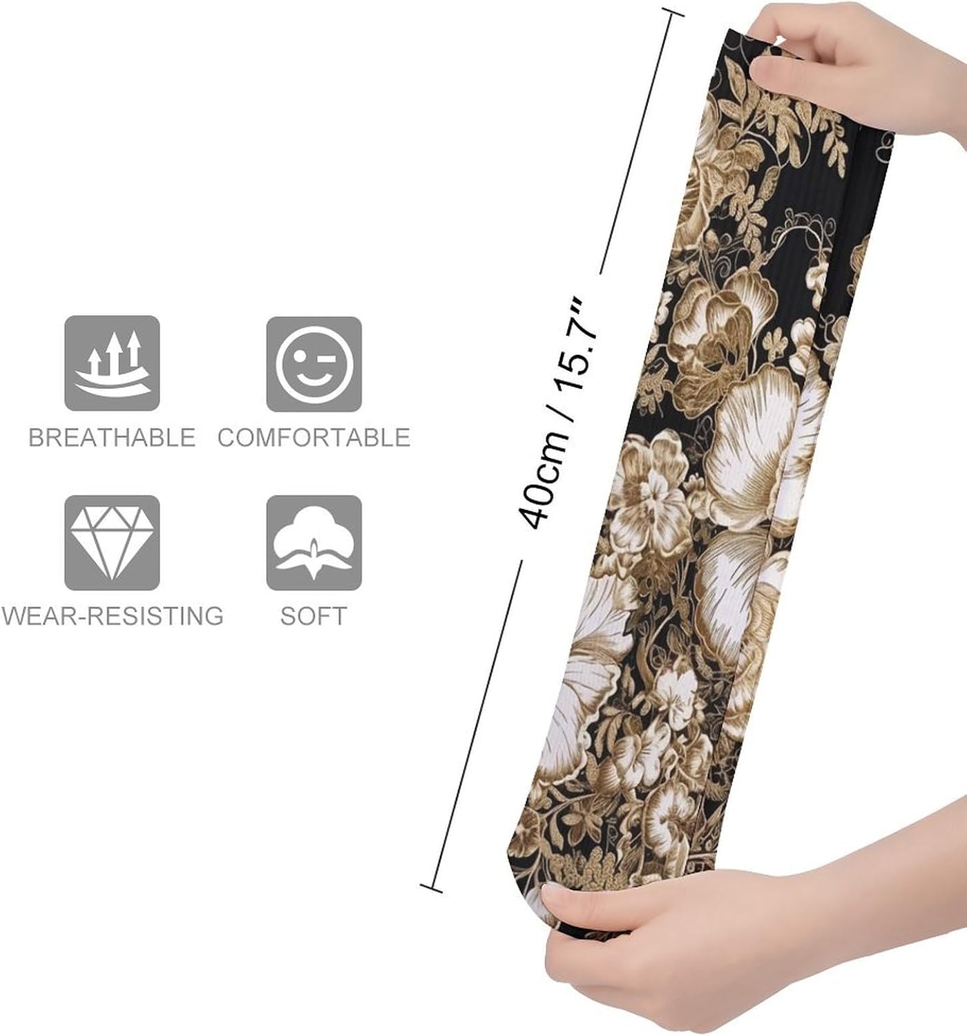 Breathable Crew Sock, Moisture Wicking, Athletic Calf Socks, Cozy | Gold Leaf Flowers Compression Socks for Women Men, Lightweight High Work Socks for Business, Casual