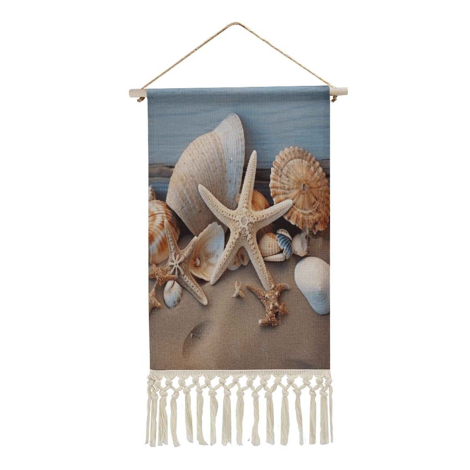 Adfgyerh Style Seashells Starfish Sand Tapestry With Tassels Cotton And Linen Hanging Posters, Wall Art For Travel Gift, Wall Tapestry For Office Home Decor Bedroom Living Room Decor