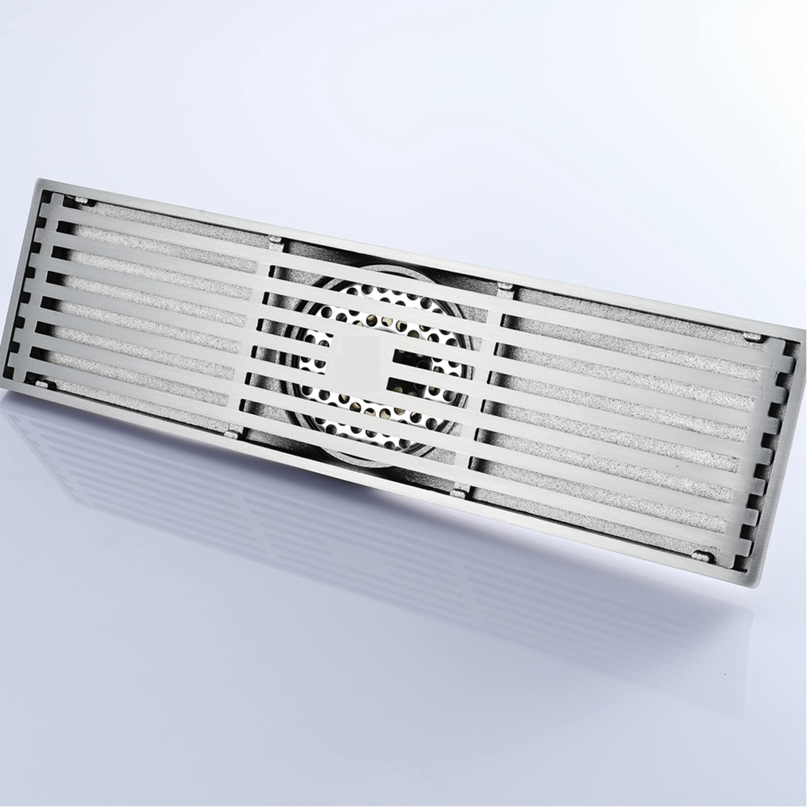 WRIST Scarico Doccia Lineare, Scarico Doccia in Ottone da 12 Pollici con Griglia Rettangolare Rimovibile Scarico Doccia A Pavimento E Filtro per Capelli,Brushed