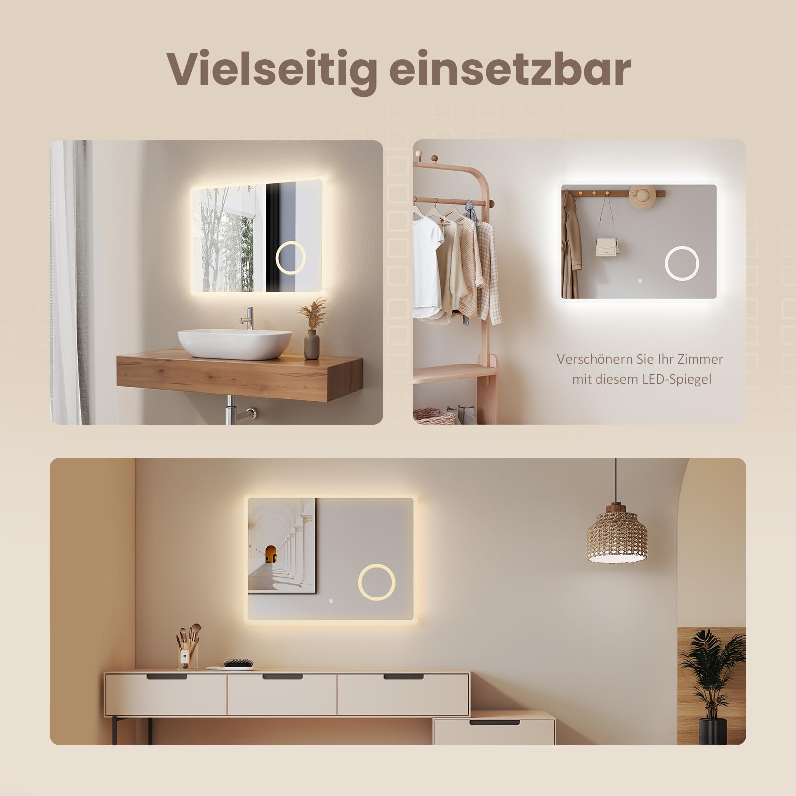 EMKE Badspiegel mit Beleuchtung 80x60cm, Beschlagfrei | Badezimmerspiegel mit Touchschalter, 3 dimmbare Lichtfarben, 3-Fach Kosmetikspiegel, IP44, einfache Wandmontage