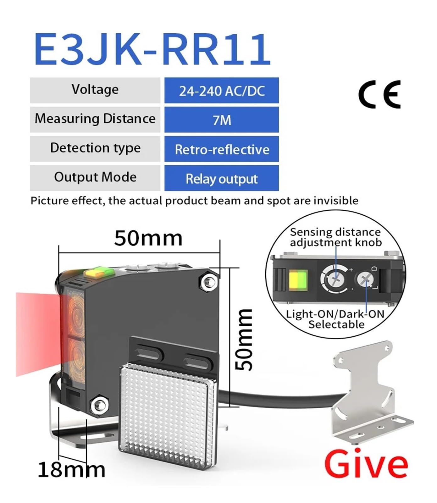 Fotoelektryczny czujnik E3JK-RR12 odblaskowy 24-240 V DC/AC wyjście przekaźnikowe kwadratowe przełącznik fotoelektryczny (E3JK-RR11)