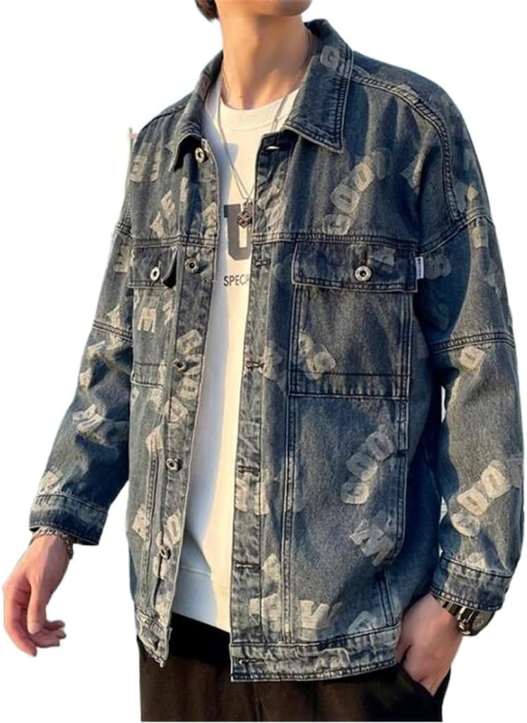 Full Print Men's Trend Denim Jacket Lapel Spring And Autumn Retro Tooling(M code)