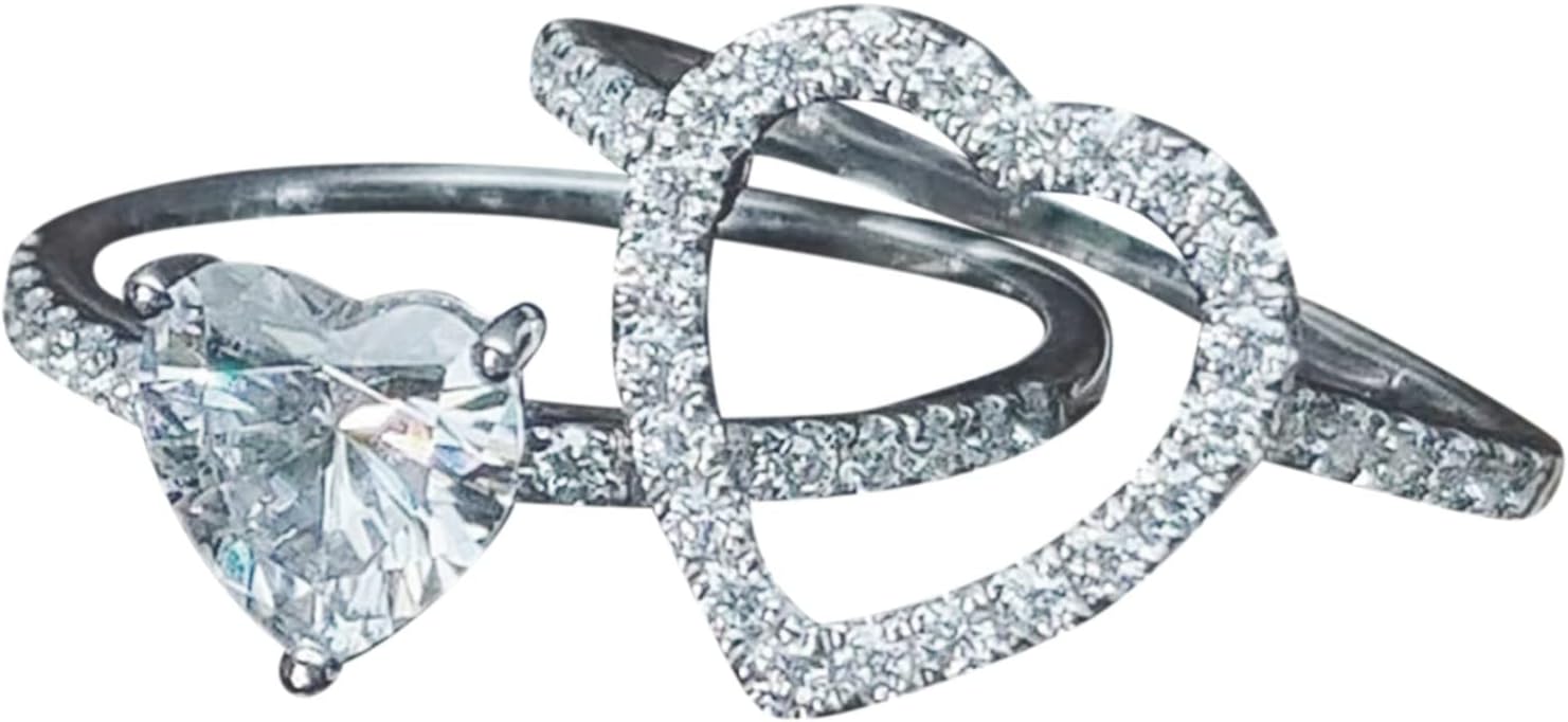 2Pcs Heart Shape Rings for Lady Simple Stacking Rings Inlaid Zircon Engagement Rings Cute Jewelry (Silver, 6)