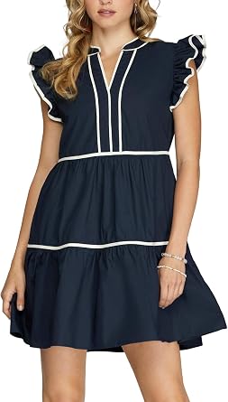HOULENGS Women's Summer Ruffle Sleeve V Neck Flowy Mini Dress Casual Contrast Trim A Line Short Babydoll Dress with Pockets