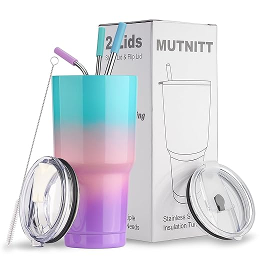30 oz Tumbler with Lids and Straws,18/8 Stainless Steel Vacuum Insulated Coffee Tumbler,Insulated Travel Mug Water Cup with Leak-Proof Straw Lid & Flip Lid,3 Metal Straws,1 Cleaning Brush & Gift Box
