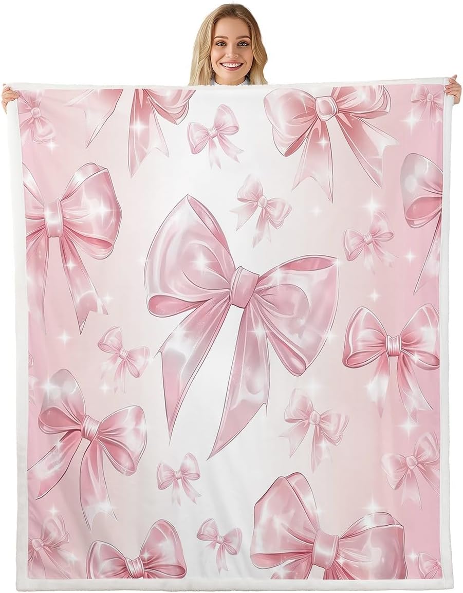 Erosebridal Bowknot Kids Throw Blanket Twin 60"X80" for Bed Couch,Pink Kawaii Bow Fleece Blanket for Girls Princess Room Decor,Cute Bow Print Sherpa Blanket Girly Bow Flannel Blanket