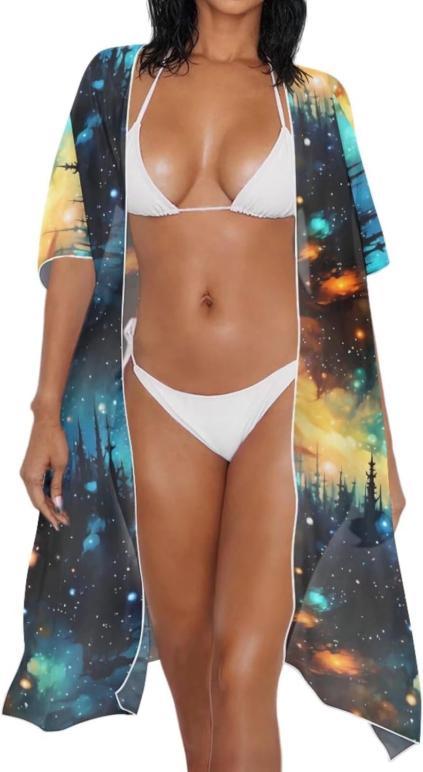 Irisjudy Kimono Beach Cover Ups for Women Wildflower Field Chiffon Sheer Coverups Island Tribal Totem Swimsuit Cardigans