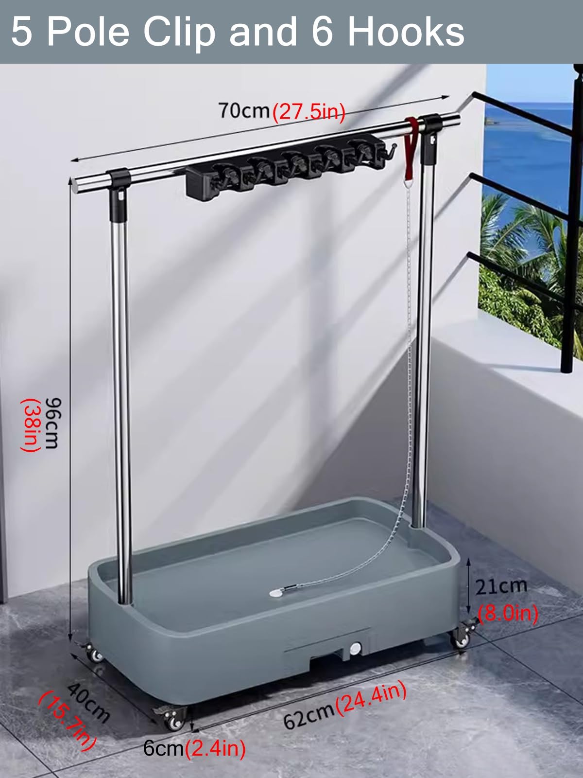 Porta Scope Sto Cart - Organizador de herramientas de 5 postes para fregona y escoba, soporte para herramientas de jardín y cobertizo con ganchos, estante de utilidad para soluciones de almacenamiento