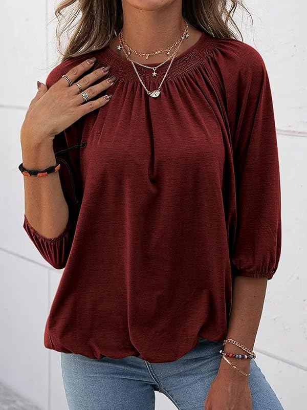 Grlasen Women's Solid Crew Neck T Shirt Blouse Cotton Half Sleeve 3/4 Sleeve Casual Loose Pleated Basic Tops by Grlasen - Used condition - Image 2