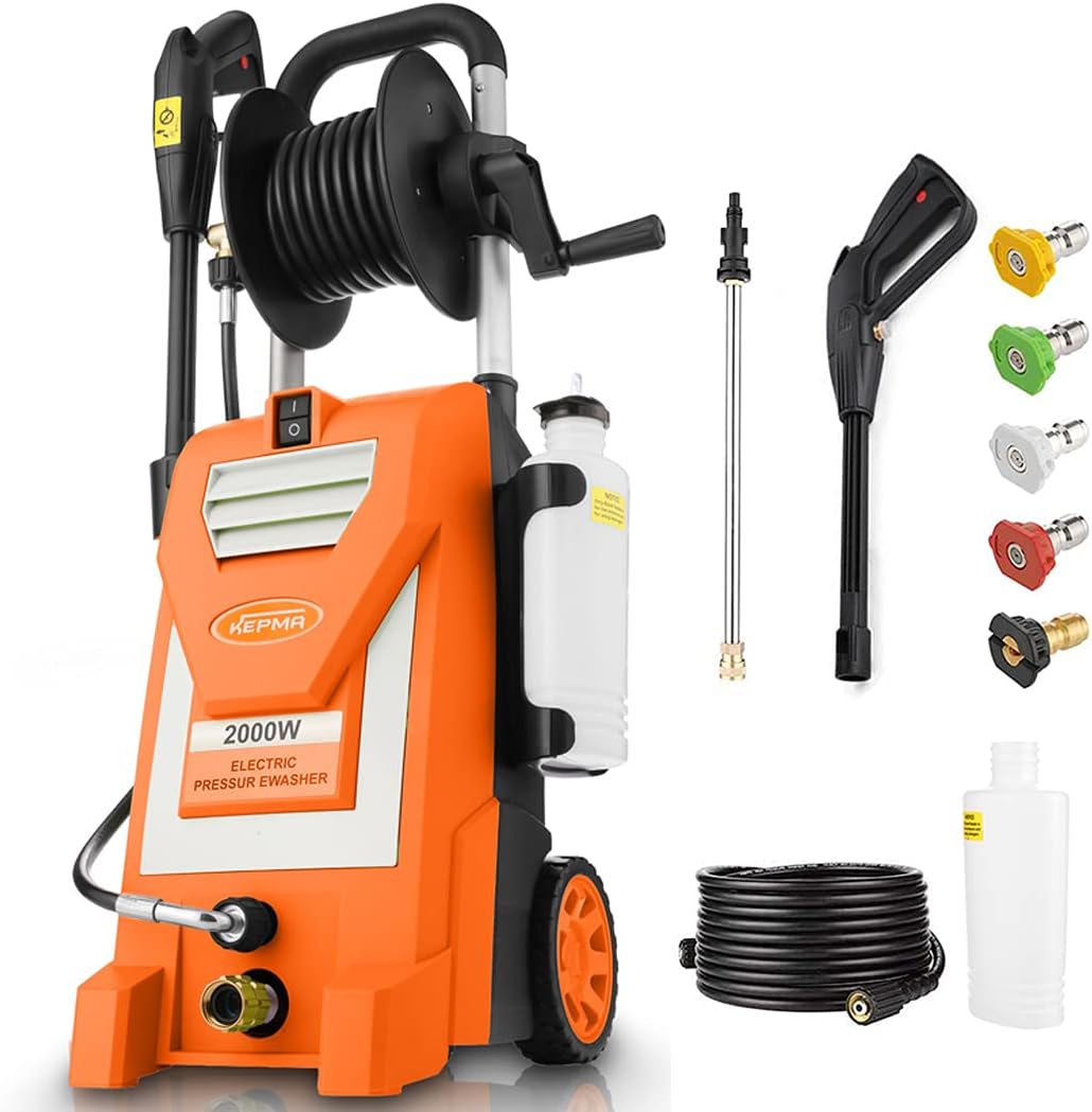Limited Stock Kepma Electric Pressure Washer, 1.9GPM Power Washer 1800W High High Pressure Cleaner Machine with 5 Nozzles, Foam Cannon, Hose Reel for Car Washing, Patio Furniture, Concrete, Deck (Orange)