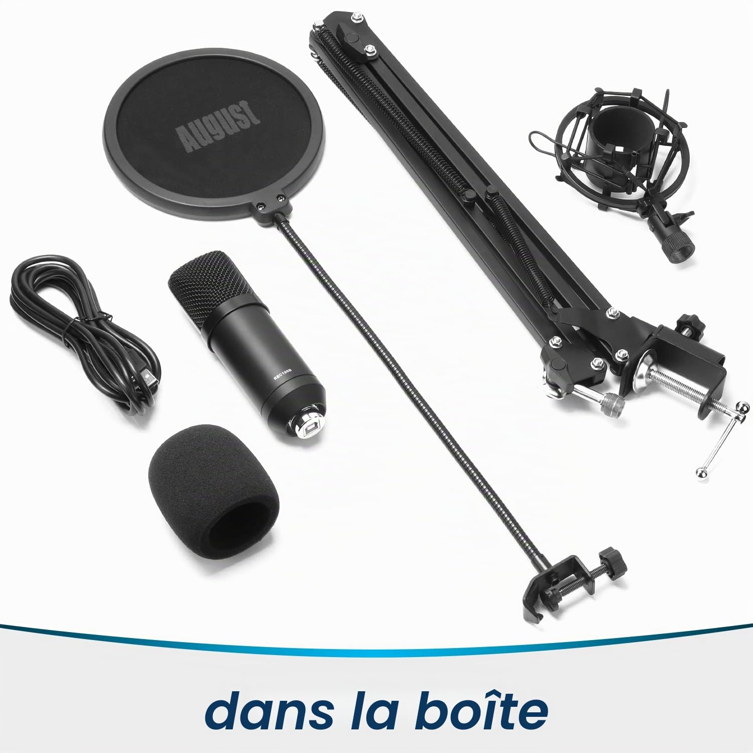 August REC100 Microphone Condensateur USB Cardioïde avec Bras Articulé
