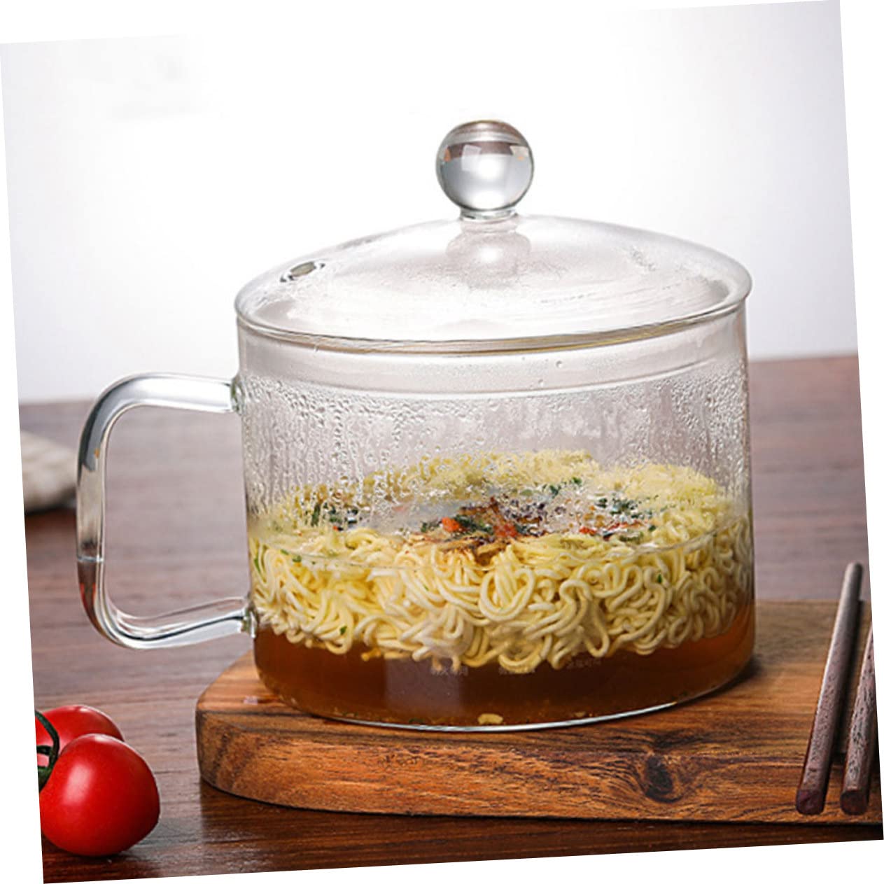 Olla de Vidrio para Fideos Tapa y Asa, Gran Capacidad | Vidrio Plata, Calentamiento Seguro, Formato para Noodles y Comida de Ñiño