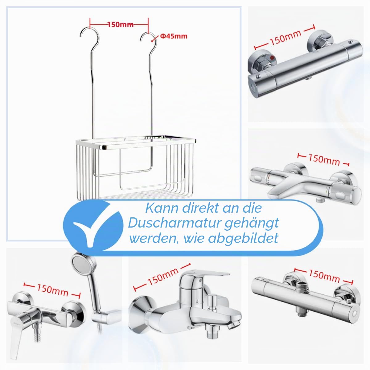 Duschkorb zum Aufhängen am Wasserhahn, Dusch-Organizer mit Haken, Silber, Metallisch