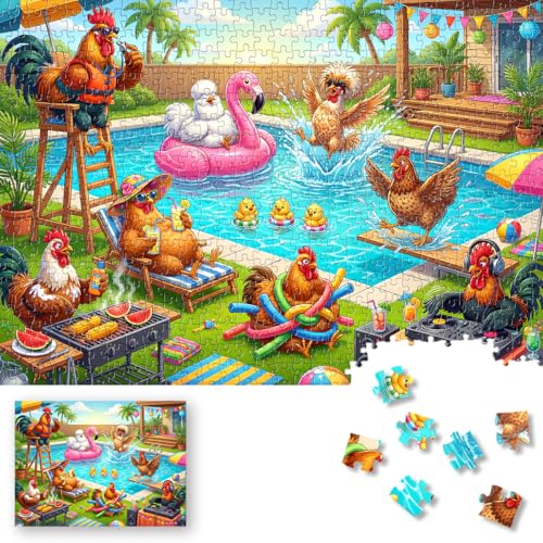 Rompecabezas ROSE RAIN Premium de 500 Piezas para Adultos con Arte de Fiesta en la Piscina de Pollos | Con Letras en el Reverso, Tablero HD Grueso Libre de Polvo, Colorido Arte de Fiesta en la Piscina de Pollos para Relajación y Diversión de Verano