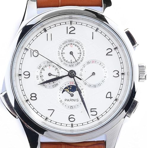 Miniatura 2 de FANMIS Reloj mecánico de cuerda automática con esfera de globo blanca, reloj de lujo de cristal de zafiro para negocios, cronómetro, fase lunar,