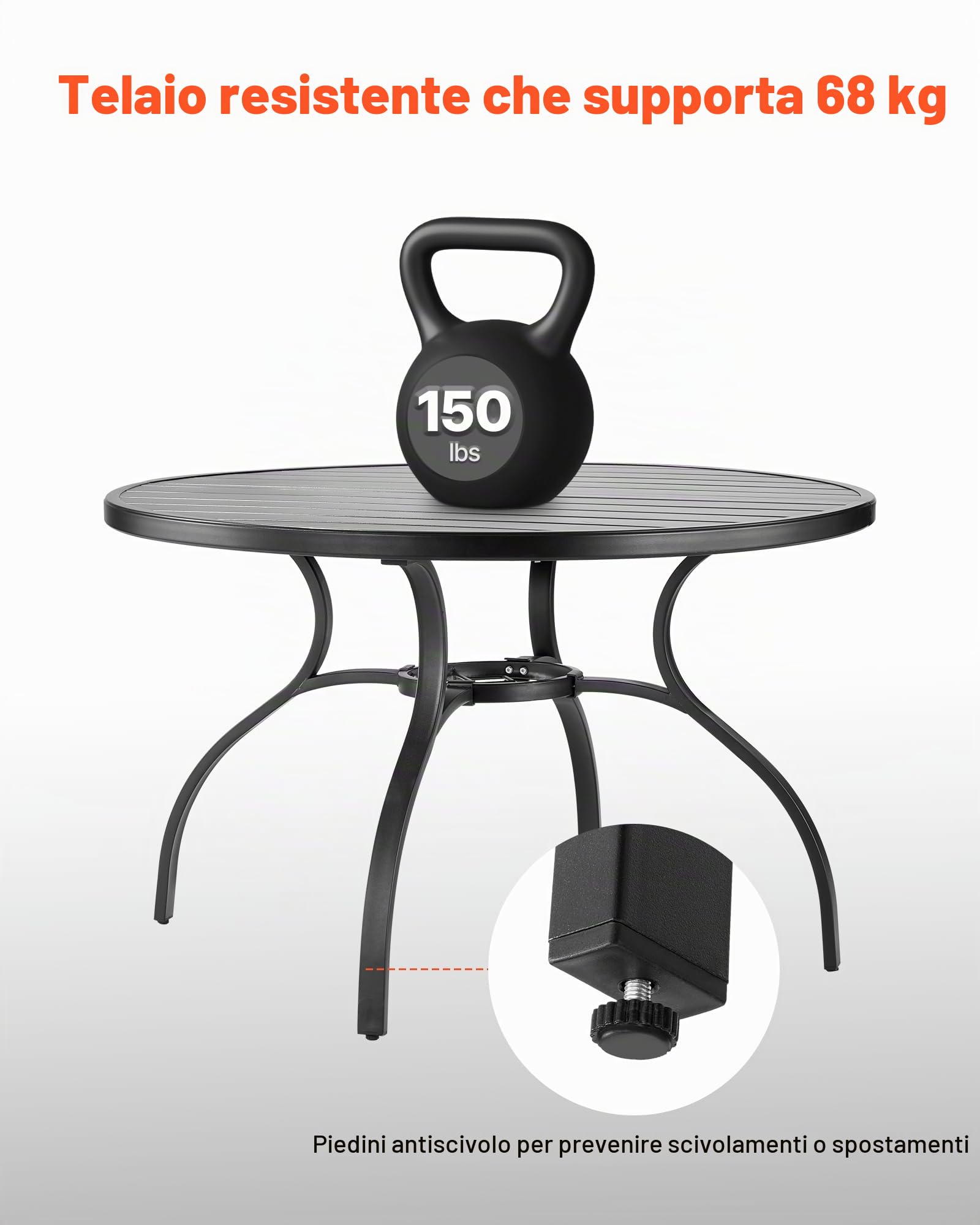 VEVOR Tavolo da Pranzo per Esterni, Tavolo da Bistrot da Giardino Rotondo in Metallo con Doghe in Acciaio da 120 cm, con Foro per Ombrellone da 38 mm, Mobili da Esterno per Prato, Giardino