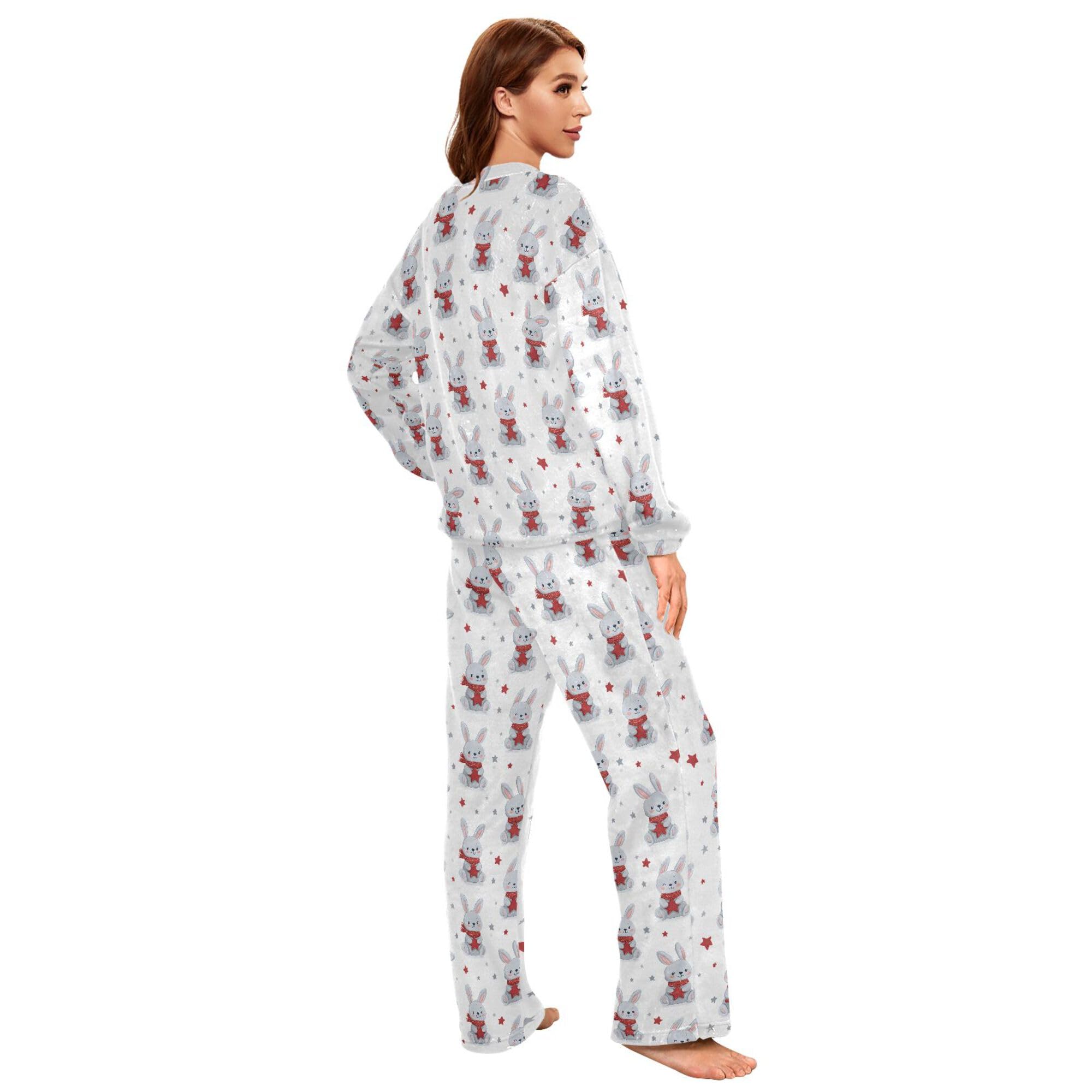ALAZA Conjunto de pijama de forro polar para mujer, diseño de huesos de fondo rosa, manga larga, ropa de dormir de dos piezas, ropa de dormir térmica, pijama súper suave, talla S