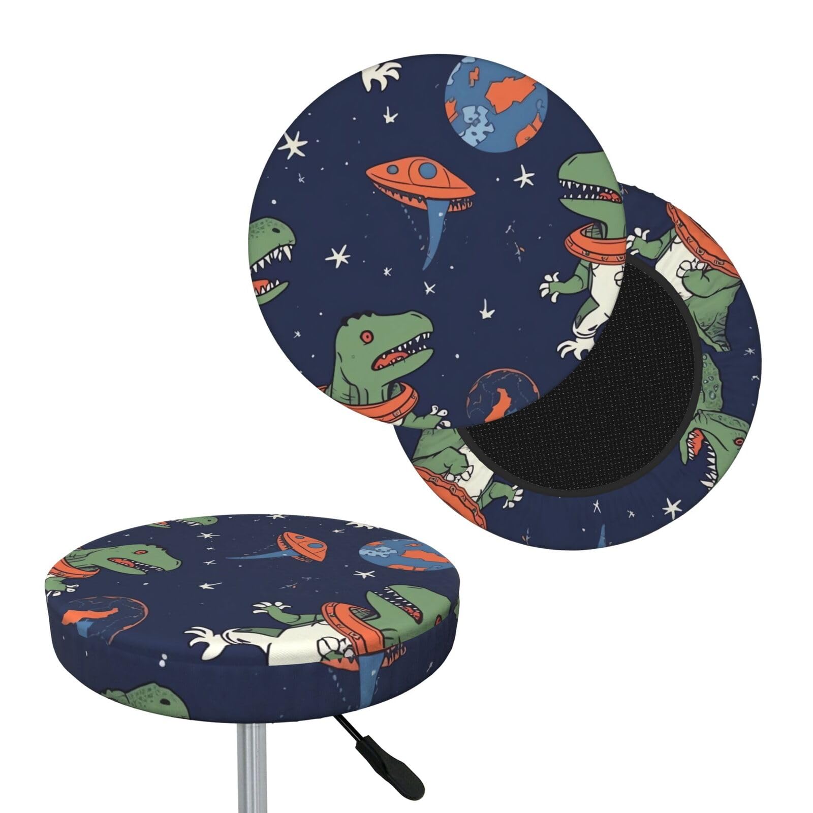 FodPand Funny Astronaut Dinosaur Rocket Bar Stool Cover Round Elastic Stool Cushion Covers Washable Bar Stool Chair Slipcover Stretch Stool Seat Covers for 12-14 Inch Chair