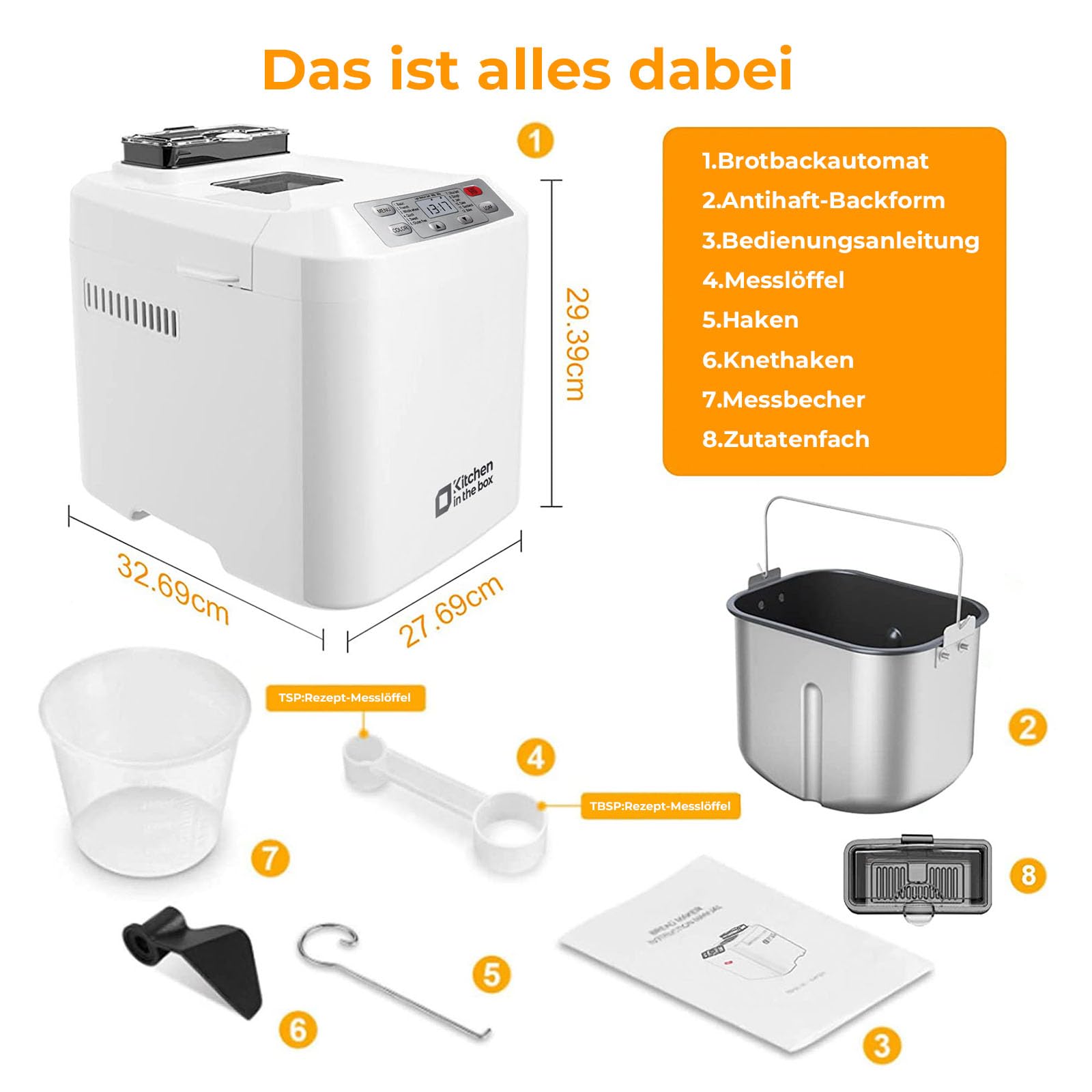 Kitchen in the box Brotbackautomat mit 12-in-1 Programmen, 2 Brotgrößen, 900g, Brotbackmaschine mit 13h Timer, Zutatenspender & Antihaft-Backform, Weiß