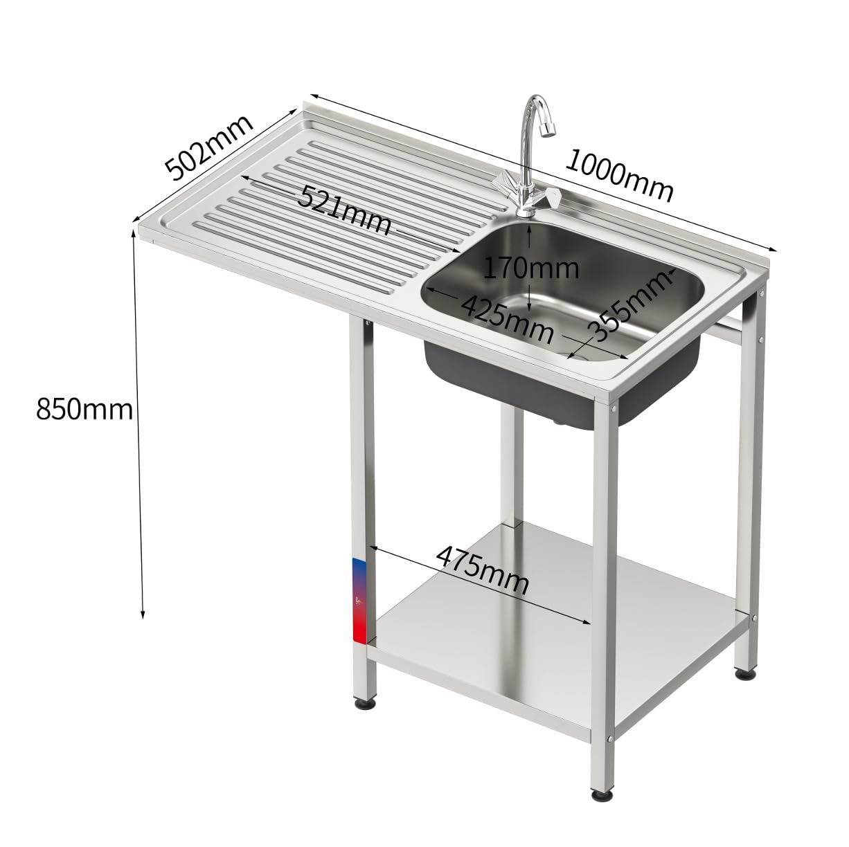 Fregadero Industrial Acero inoxidable con Hueco para Lavavasos, 1 Seno con Escurridor, 1000x500x850 mm, Balda Inferior y Patas Regulables para Hostelería (Izquierda, Sin grifo)