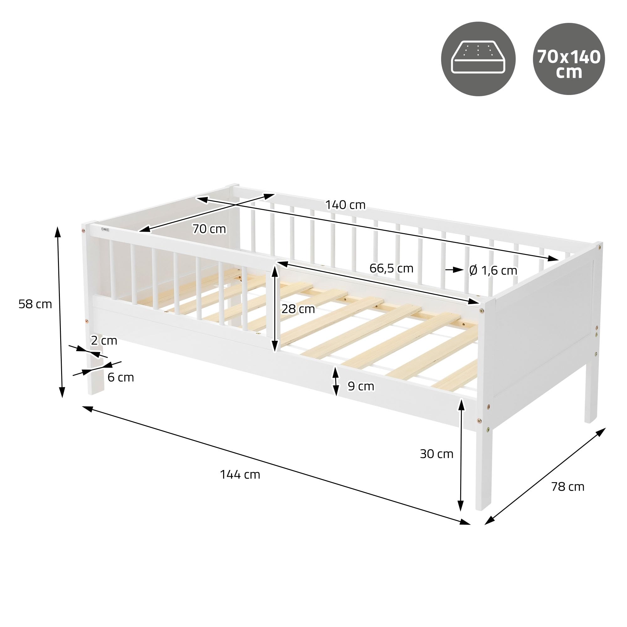ML-Design Kinderbett 70x140 cm, Weiß, Einzelbett für Kinder mit Lattenrost und Rausfallschutz, Jugendbett aus Kiefernholz, Holzbett, Bettgestell für Jungen & Mädchen, Massivholz Babybett Kleinkindbett