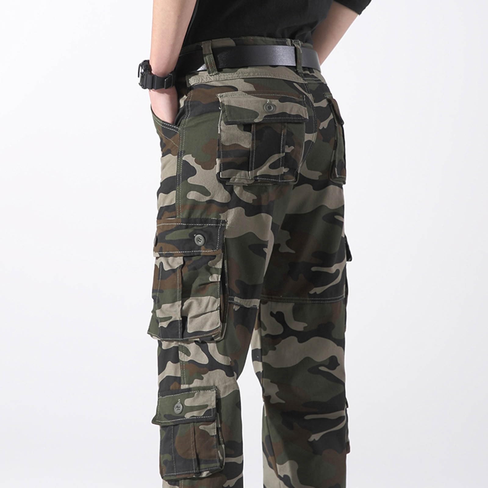 Pantaloni da uomo con gamba dritta e tasche multiple e pantaloni da lavoro larghi in lino, pantaloni cargo da uomo