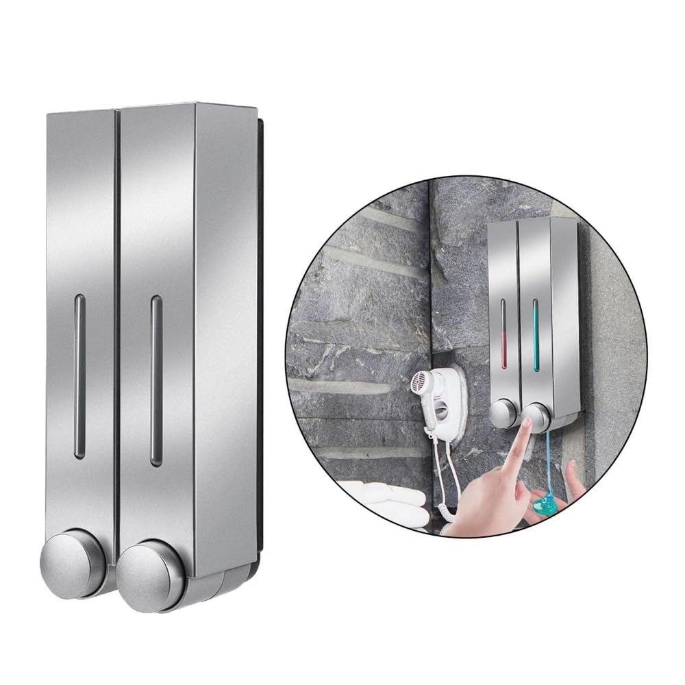 Dispensador de jabón para montaje en pared de baño, bomba de loción, botella para champú y jabón líquido (doble plata)