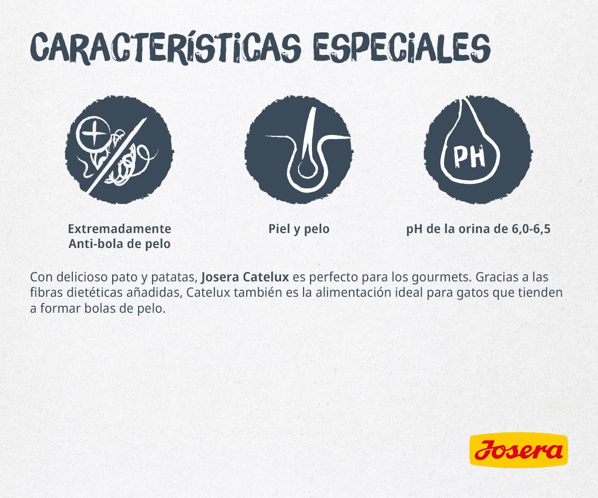 JOSERA Catelux (1 x 10 kg) | Adultos | Pienso seco Gatos Adultos exigentes | Pato y Patata | Sin Trigo | con Fibra dietética para prevenir Las Bolas de Pelo | Pack 1