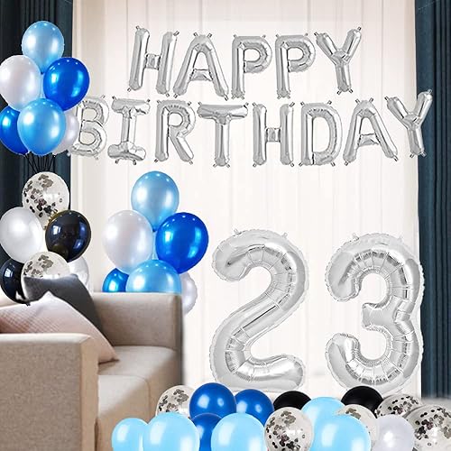 Miniatura 3 de Juego de suministros de decoración de cumpleaños de 23 años, pancarta de feliz cumpleaños, globos de aluminio con el número 23 y globos en forma de