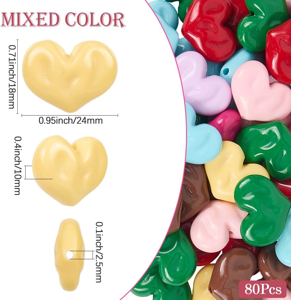 1 Box 80Pcs 8 Colors Heart Focal Pen Beads Heart Shaped Acrylic Beads Bulk Loose Plastic Large Love Big Hole Bubblegum Spacer for Beadable Pens Valentines Gift DIY Crafts Keychain Accessories