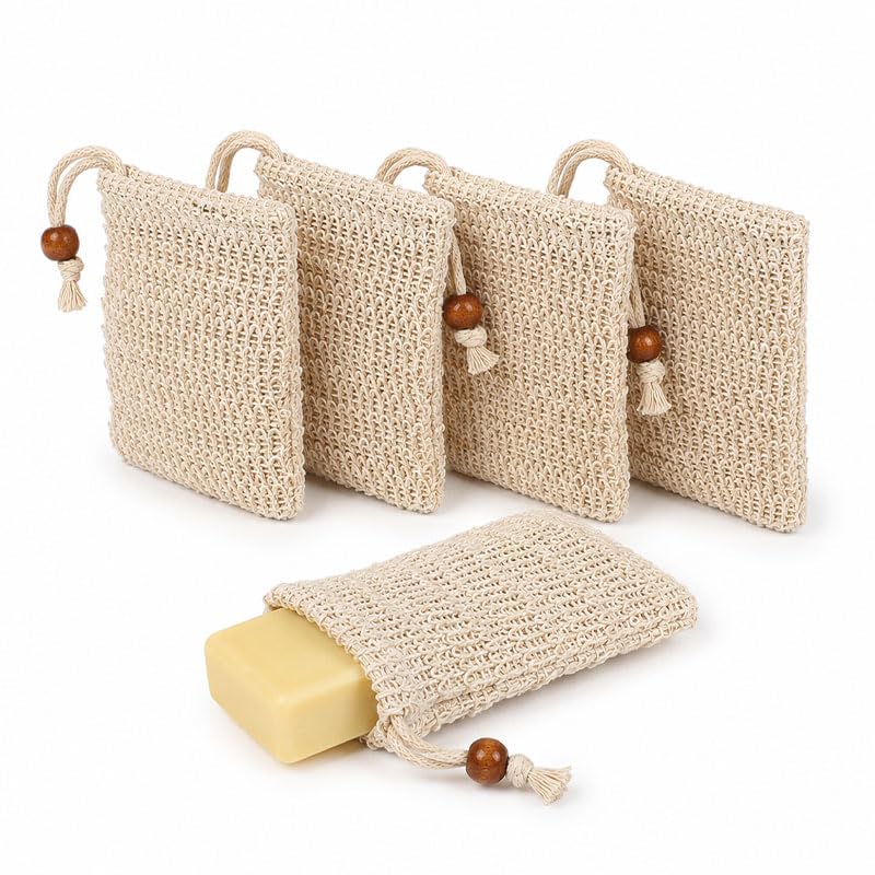 5 Pack Natural Sisal Soap Pouches, Mesh Surface Creates Rich Foam and Gently Exfoliates Skin, Drawstring Design Secures Soap Tightly, Compact for Daily Shower and Travel