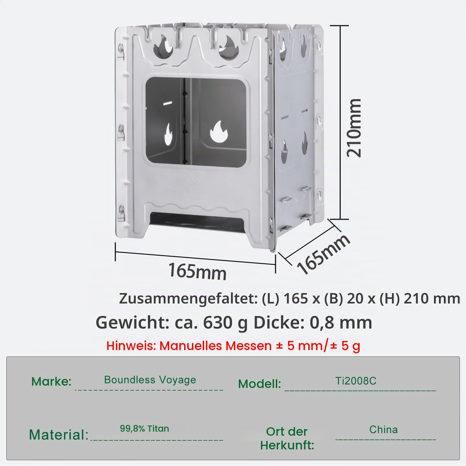 iBasingo Titan Herd Camping Kocher Holzofen Tragbarer Brenner Outdoor Abnehmbare Bushbox mit Topflappen Leichter Lagerfeuer BBQ Holzkohlekocher Fester Alkoholerhitzer Picknick Küchen Kochset Ti2008C