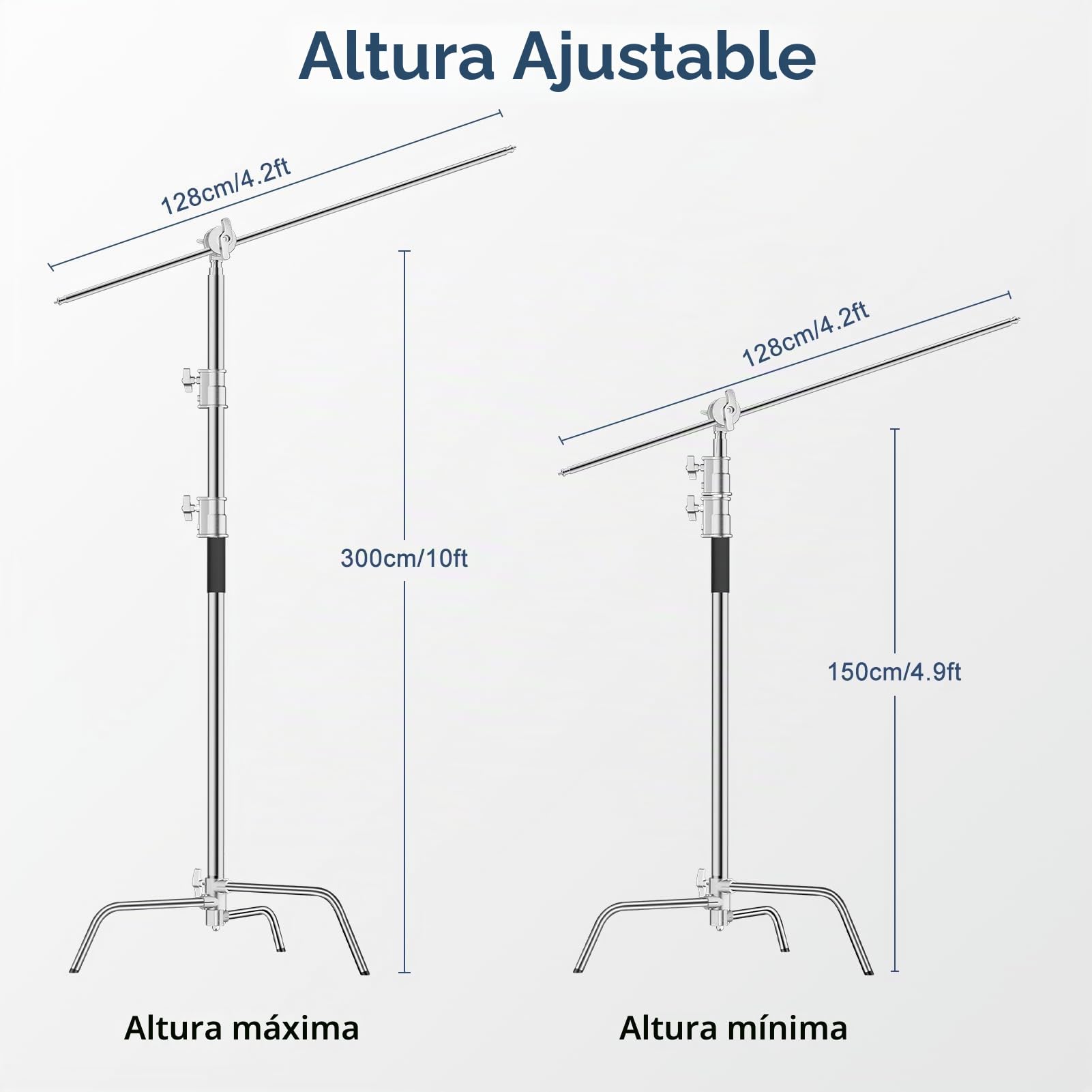 EMART C Stand Extensible con Brazo Jirafa de 128cm, 300cm Soporte de Iluminación de Acero Inoxidable Ajustable para Reflector, Softbox, Monolight, Paraguas