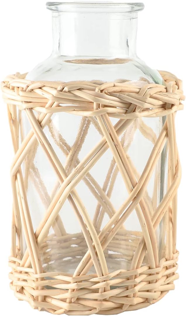 Flower Vases with Wicker Cover Woven Glass Vase Decorative Flower Bottle for Dining Room/Bedroom/Bathroom/Mantel (Willow)