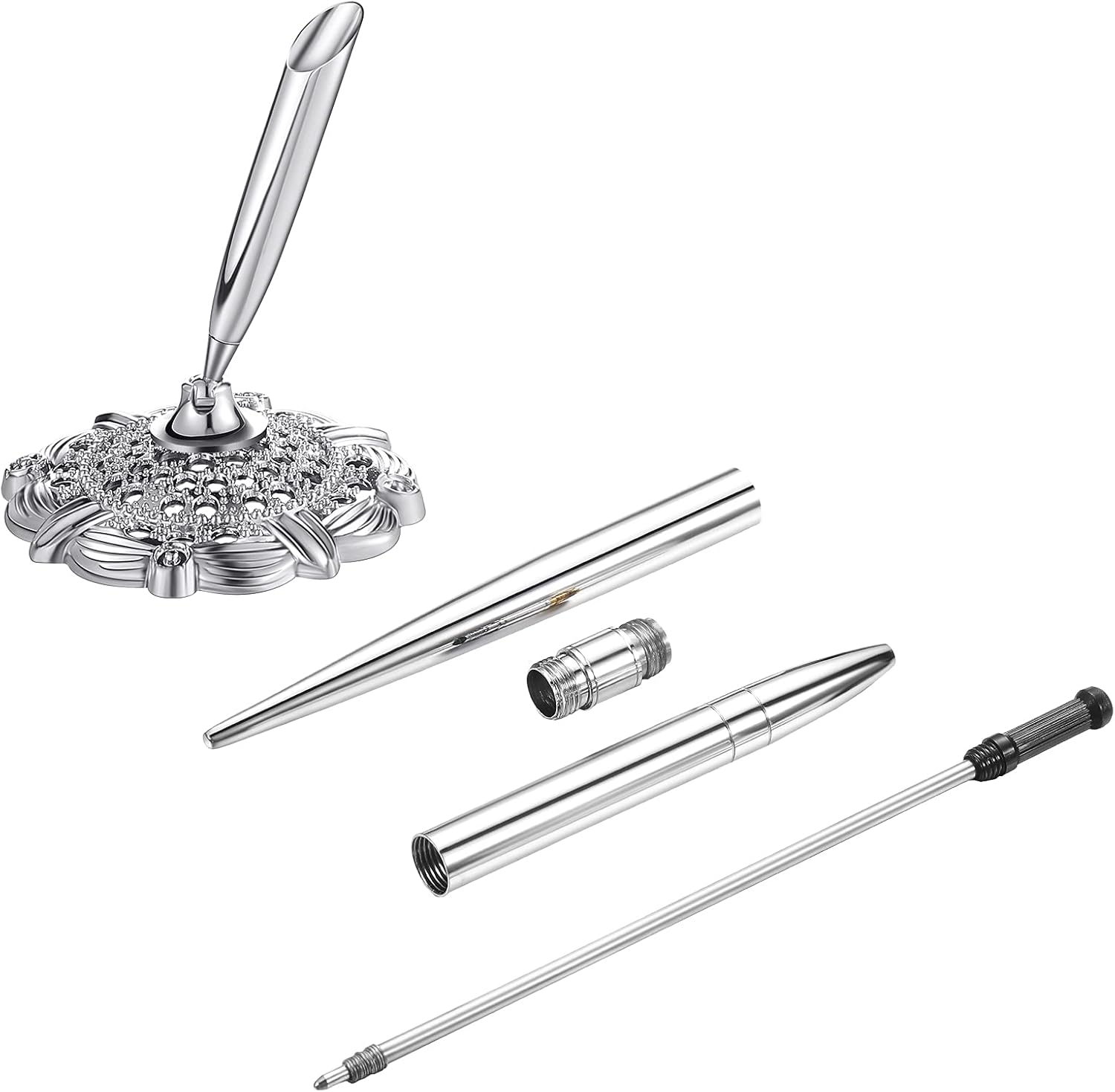 Outus 2 Pieces Wedding Pens for Guest Book Signing Pen with Metal Hollow Round Holder Stand Set for Wedding Bridal Engagement Reception Supplies(Silver) image 4