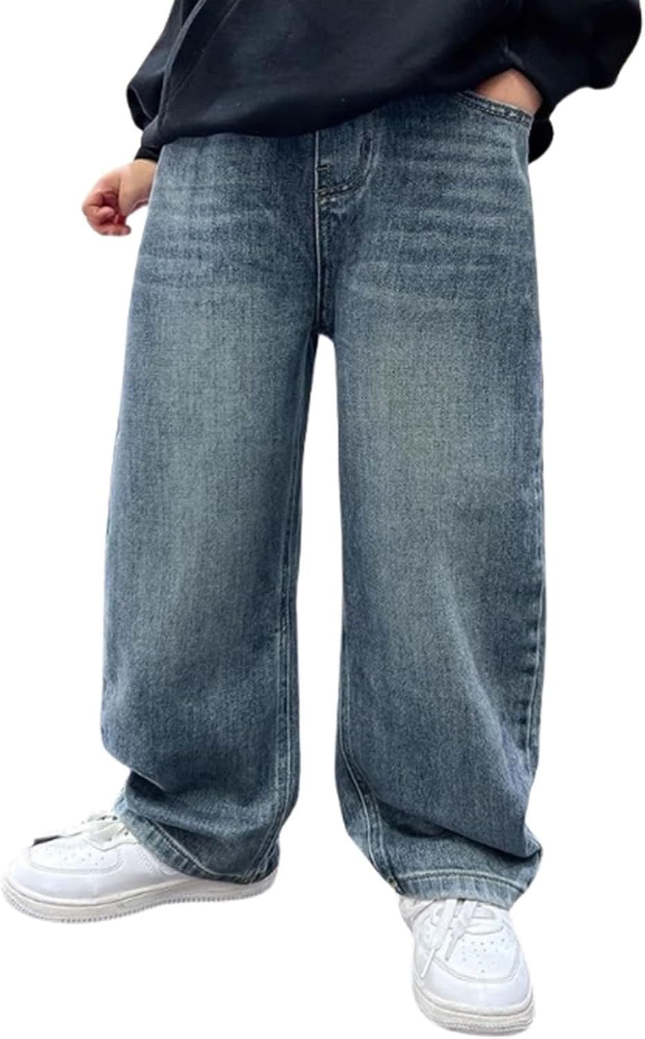 Boys Baggy Jeans for Kids Wide Leg Cargo Jeans, Loose Elastic Waist Denim Pants Trousers with Pockets
