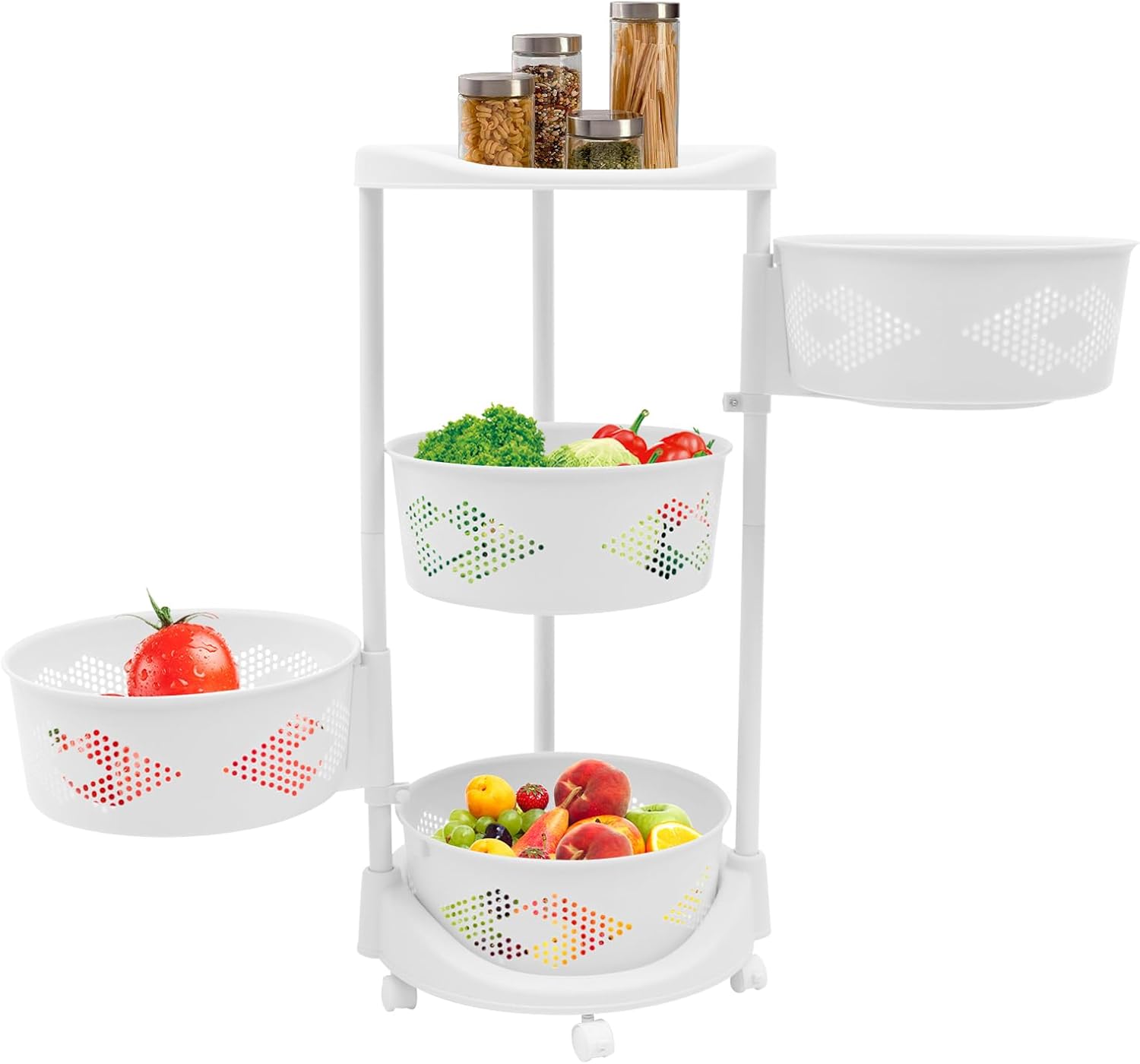 4-Tier Fruit Vegetable Basket Kitchen Storage Rack, 180° Rotating Storage Shelves Organizer with 5 Wheels, Rotating Kitchen Storage Basket Shelf Storage Rolling Cart for Living Room, Bathroom