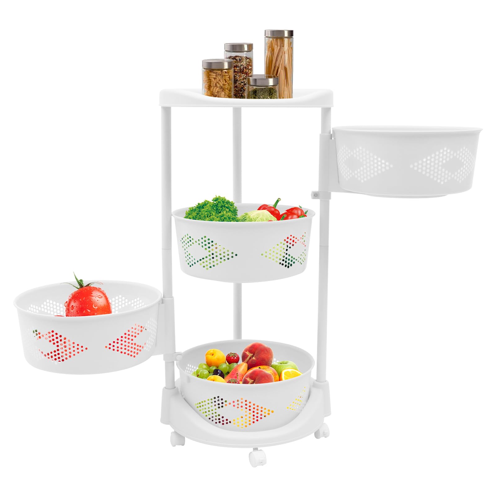 WUSILILU 4-Tier Rotating Storage Rack, Plastic Adjustable Kitchen Storage Basket Cart, Storage Tower Basket Shelves Organizer on Rolling Wheels,